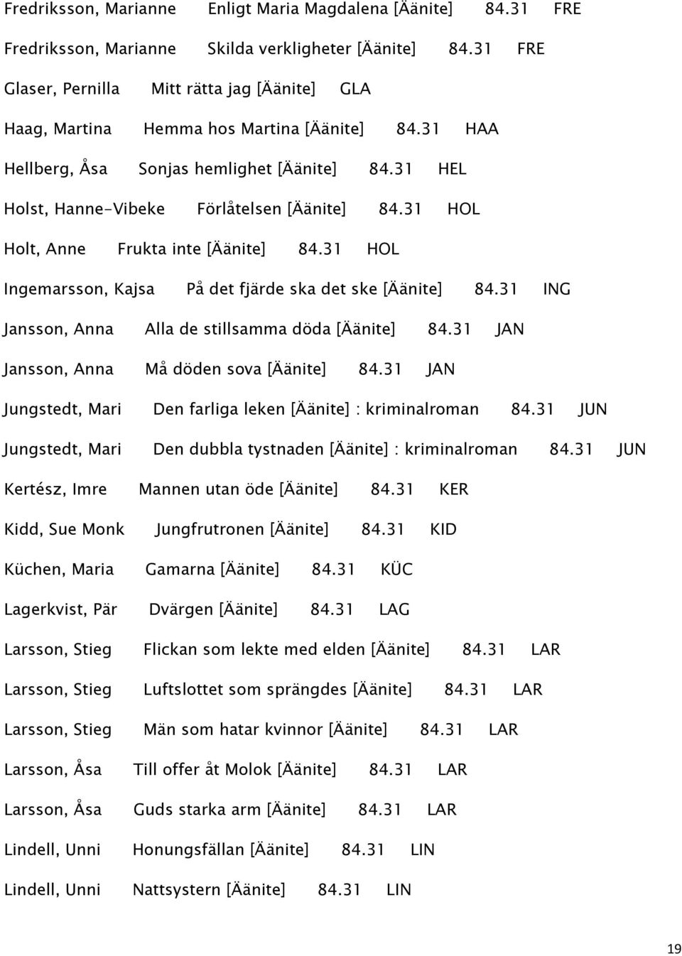 31 HOL Holt, Anne Frukta inte [Äänite] 84.31 HOL Ingemarsson, Kajsa På det fjärde ska det ske [Äänite] 84.31 ING Jansson, Anna Alla de stillsamma döda [Äänite] 84.