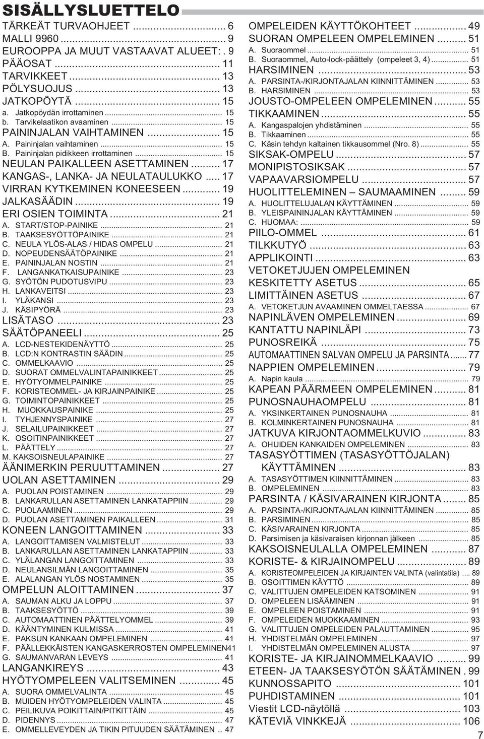 .. 17 KANGAS-, LANKA- JA NEULATAULUKKO... 17 VIRRAN KYTKEMINEN KONEESEEN... 19 JALKASÄÄDIN... 19 ERI OSIEN TOIMINTA... 21 A. START/STOP-PAINIKE... 21 B. TAAKSESYÖTTÖPAINIKE... 21 C.