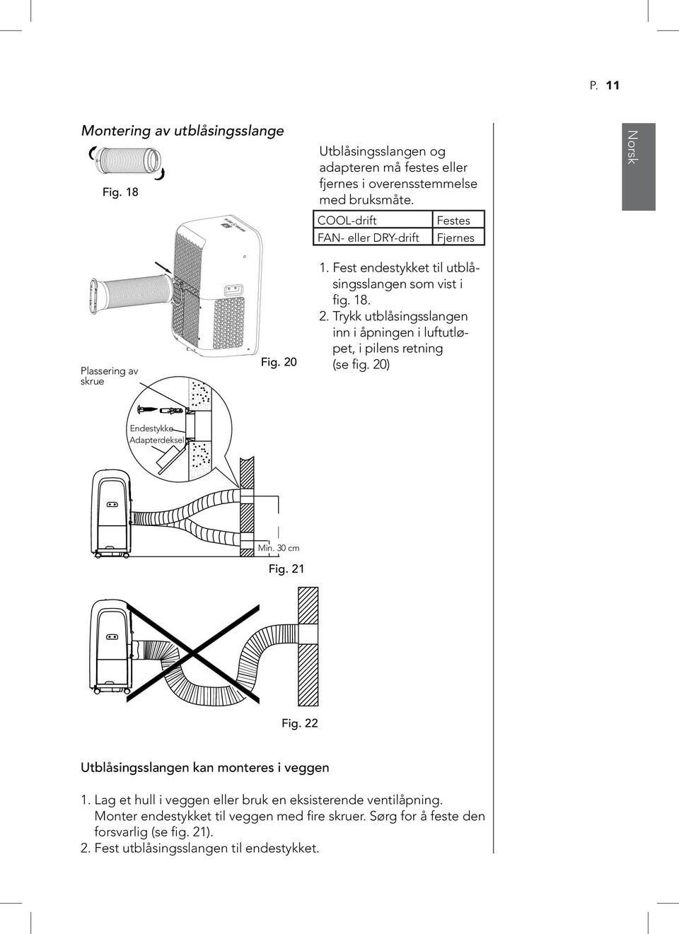 20) Endestykke Adapterdeksel Min. 30 cm Fig. 21 Fig. 22 Utblåsingsslangen kan monteres i veggen 1. Lag et hull i veggen eller bruk en eksisterende ventilåpning.