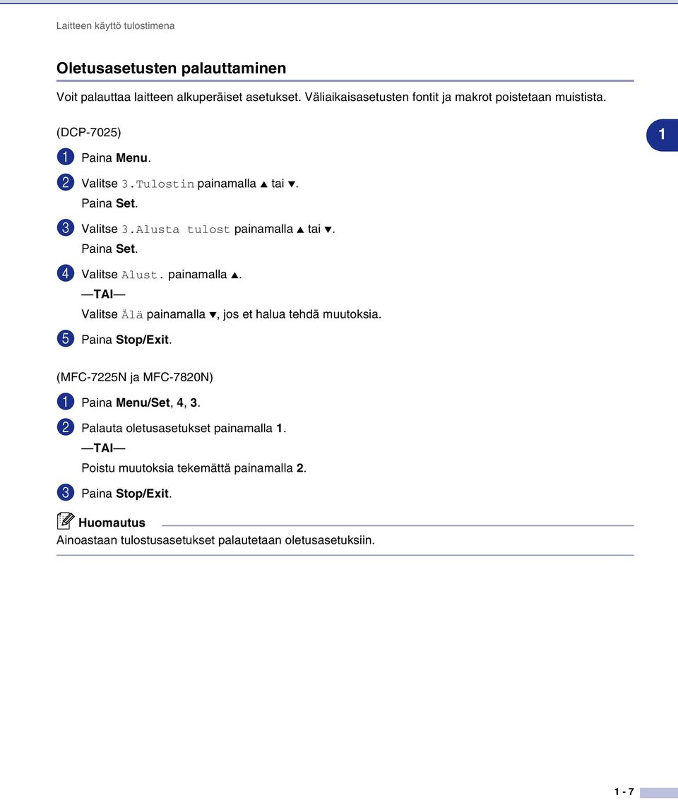 Alusta tulost painamalla tai. Paina Set. 4 Valitse Alust. painamalla. TAI Valitse Älä painamalla, jos et halua tehdä muutoksia. 5 Paina Stop/Exit.