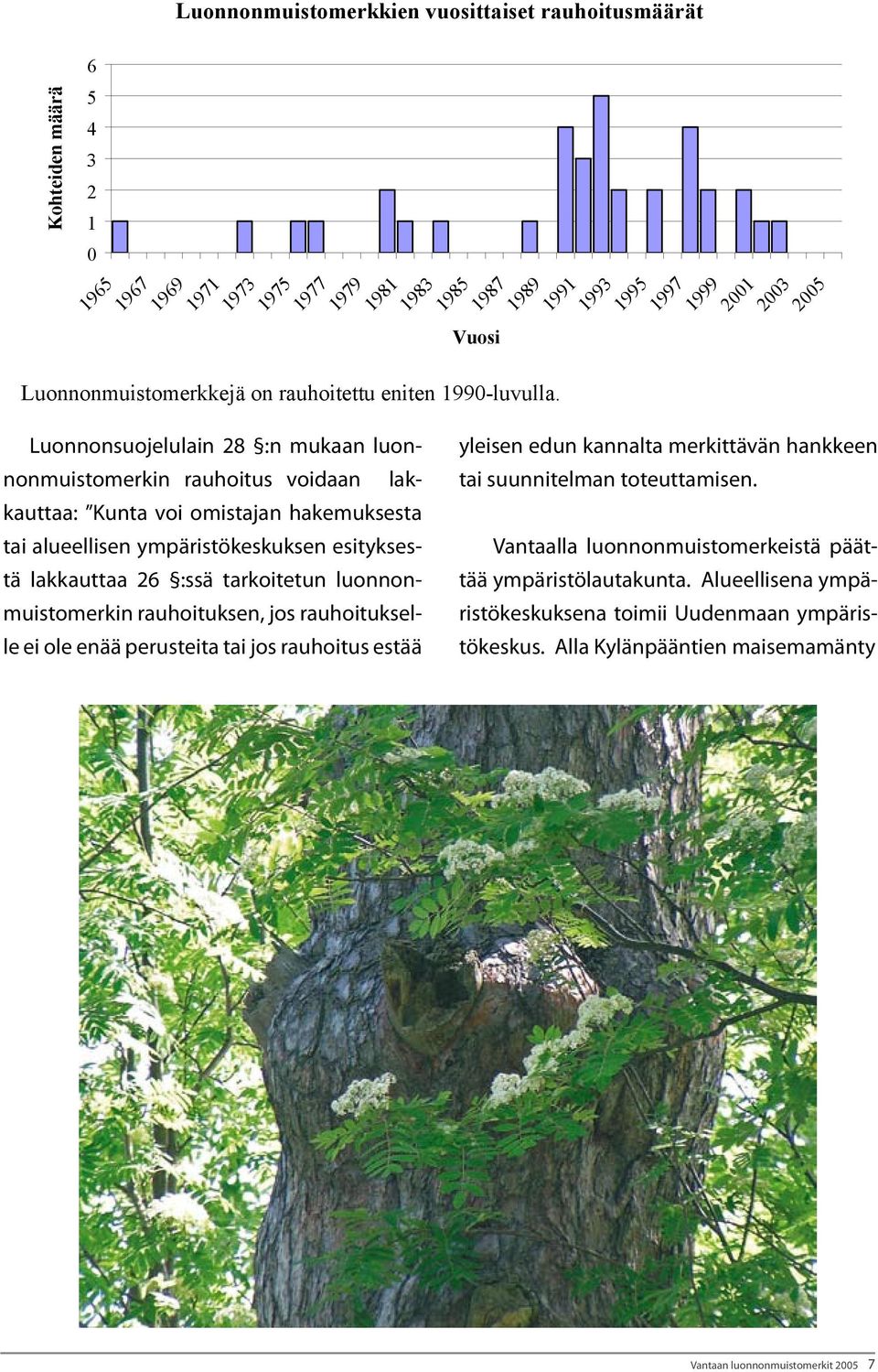 perusteita tai jos rauhoitus estää Vuosi Luonnonmuistomerkkejä on rauhoitettu eniten 1990-luvulla.