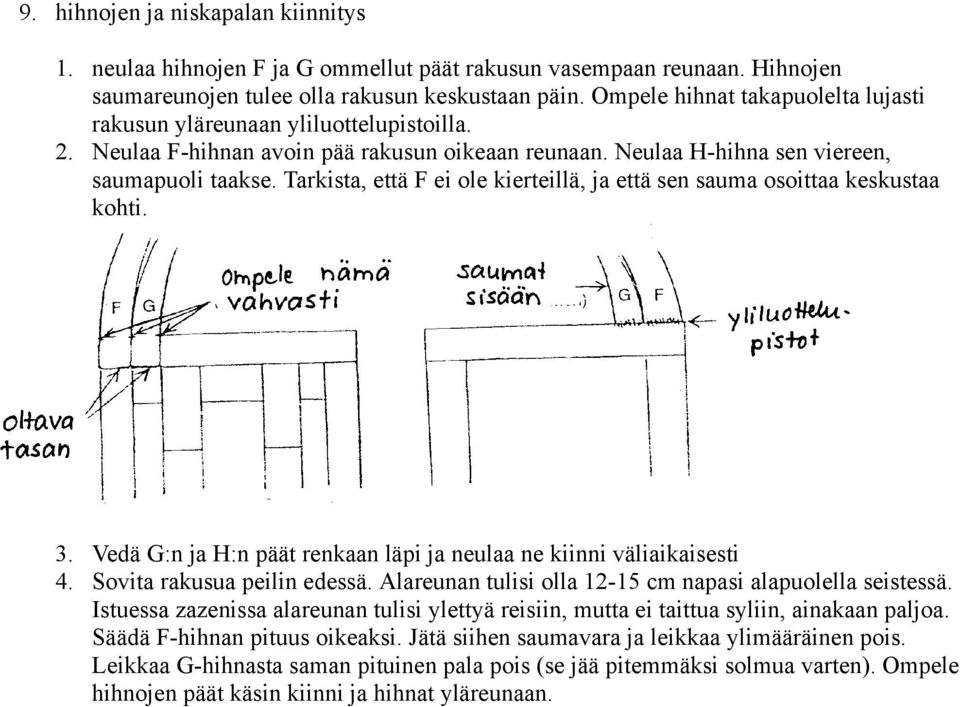 Tarkista, että F ei ole kierteillä, ja että sen sauma osoittaa keskustaa kohti. 3. Vedä G:n ja H:n päät renkaan läpi ja neulaa ne kiinni väliaikaisesti 4. Sovita rakusua peilin edessä.