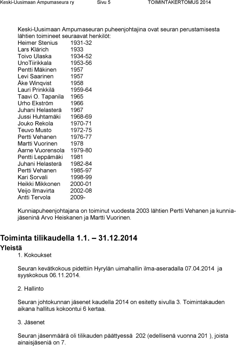 Tapanila 1965 Urho Ekström 1966 Juhani Helasterä 1967 Jussi Huhtamäki 1968-69 Jouko Rekola 1970-71 Teuvo Musto 1972-75 Pertti Vehanen 1976-77 Martti Vuorinen 1978 Aarne Vuorensola 1979-80 Pentti