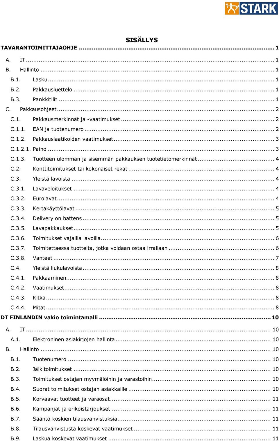 .. 4 C.3.1. Lavaveloitukset... 4 C.3.2. Eurolavat... 4 C.3.3. Kertakäyttölavat... 5 C.3.4. Delivery on battens... 5 C.3.5. Lavapakkaukset... 5 C.3.6. Toimitukset vajailla lavoilla... 6 C.3.7.