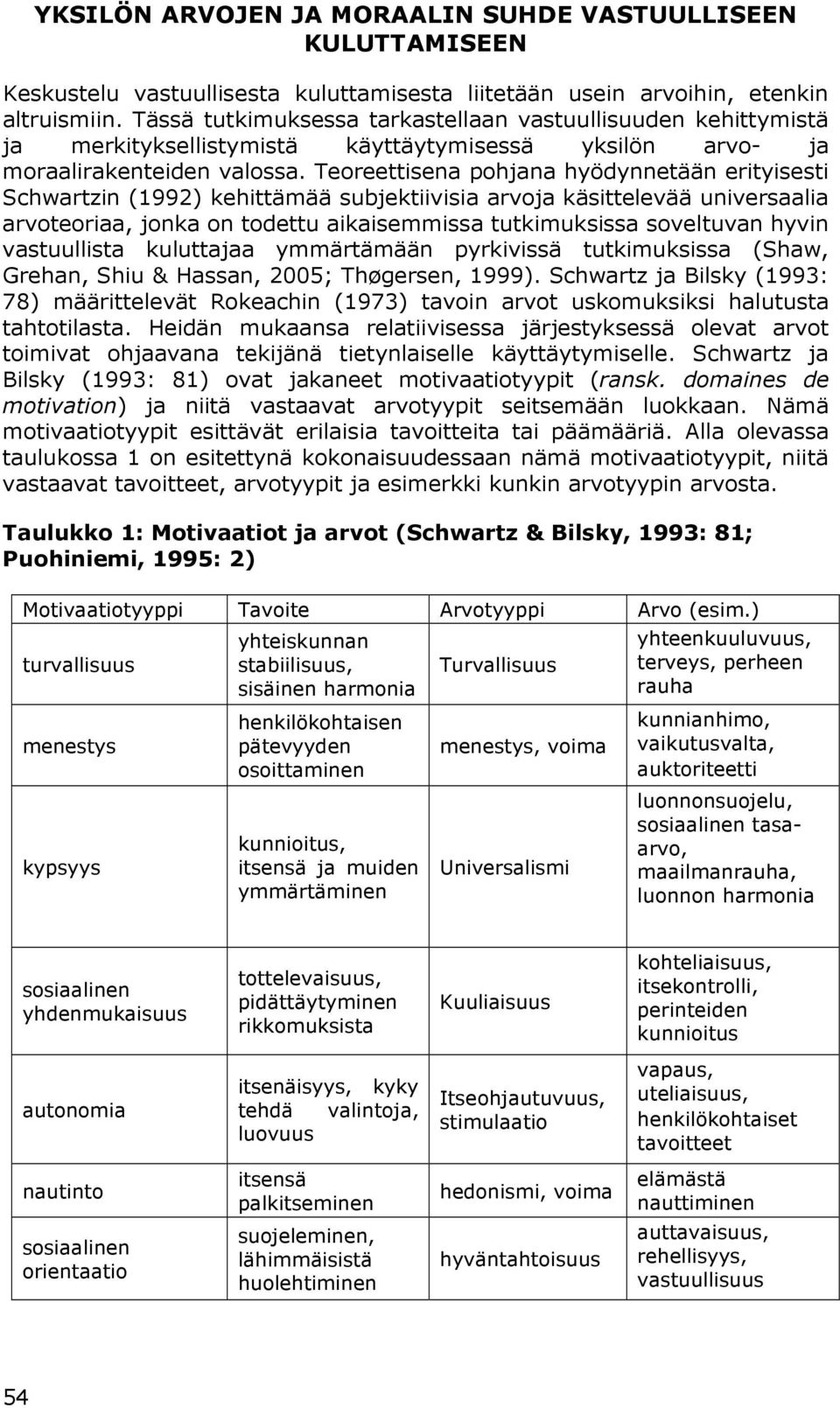 Teoreettisena pohjana hyödynnetään erityisesti Schwartzin (1992) kehittämää subjektiivisia arvoja käsittelevää universaalia arvoteoriaa, jonka on todettu aikaisemmissa tutkimuksissa soveltuvan hyvin