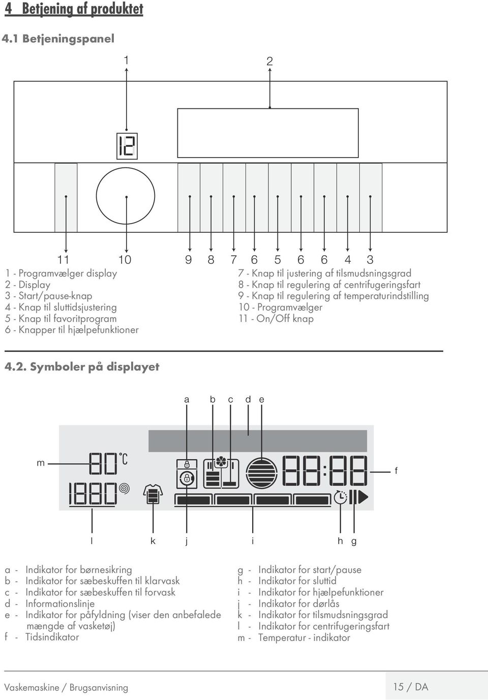 - Knap til justering af tilsmudsningsgrad 8 - Knap til regulering af centrifugeringsfart 9 - Knap til regulering af temperaturindstilling 10 - Programvælger 11 - On/Off knap 4.2.