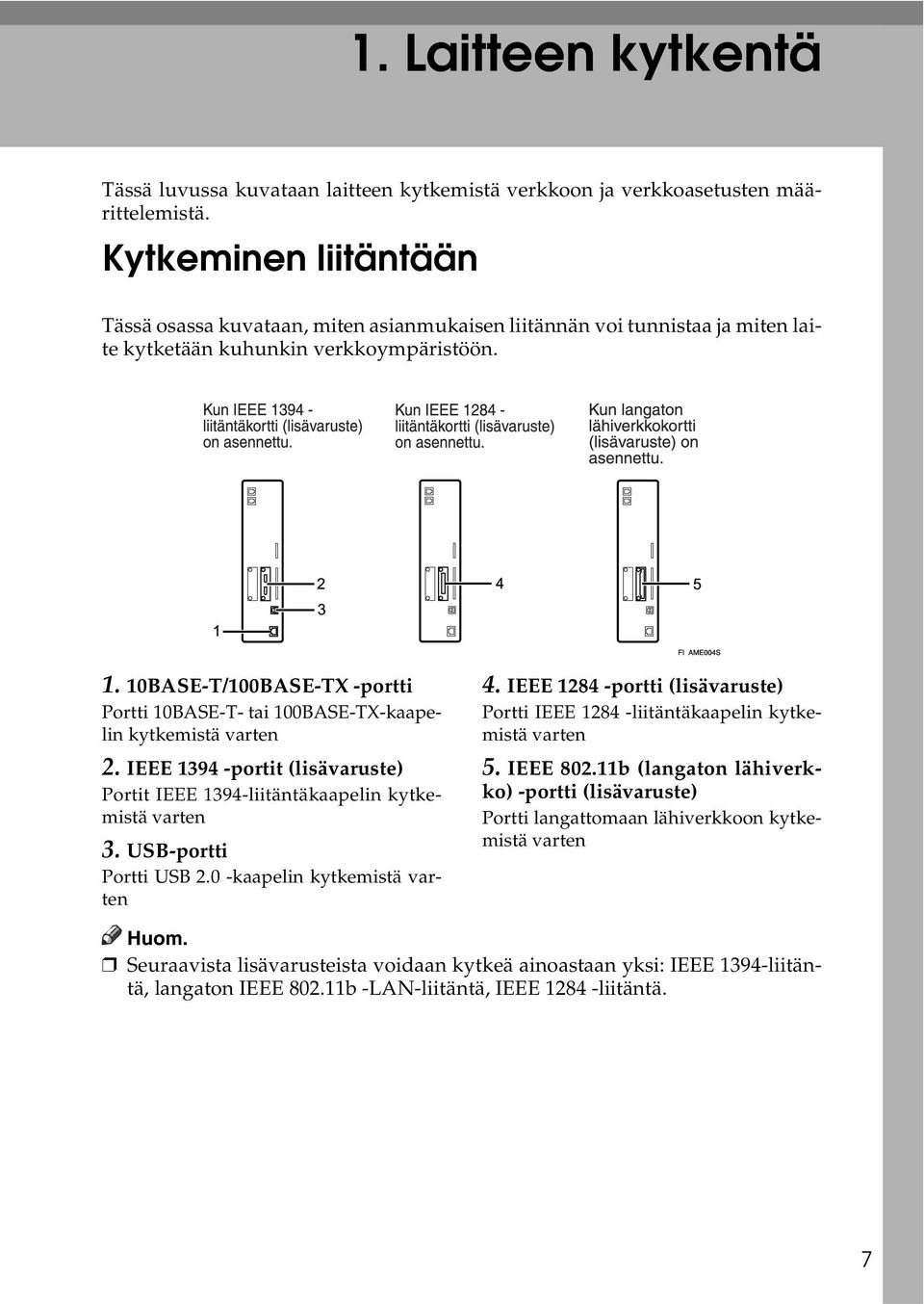 10BASE-T/100BASE-TX -portti Portti 10BASE-T- tai 100BASE-TX-kaapelin kytkemistä varten 2. IEEE 1394 -portit (lisävaruste) Portit IEEE 1394-liitäntäkaapelin kytkemistä varten 3.