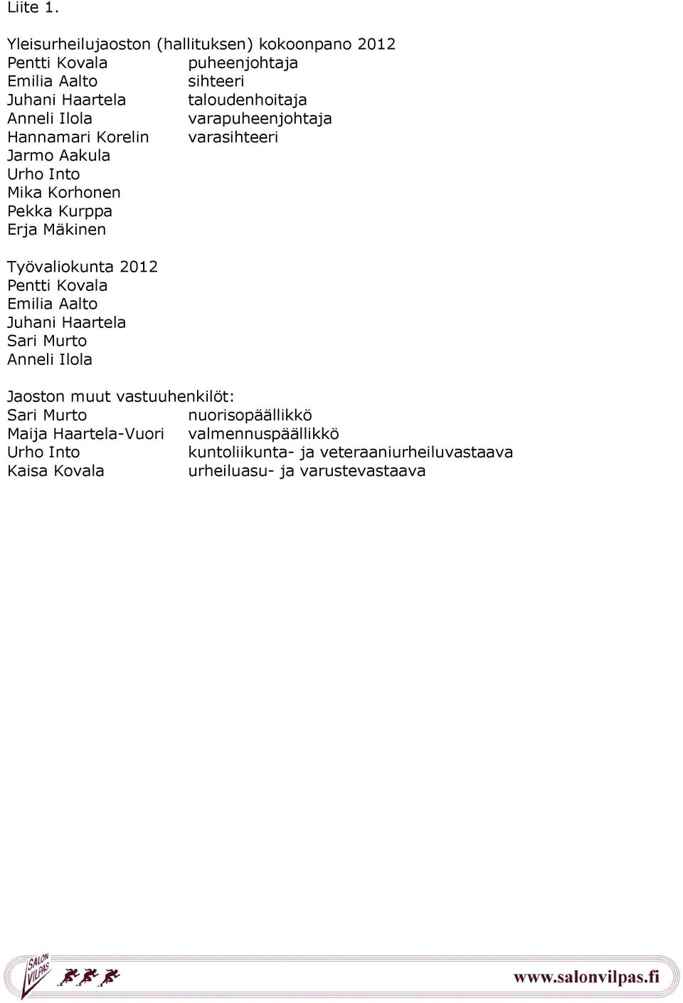 Anneli Ilola varapuheenjohtaja Hannamari Korelin varasihteeri Jarmo Aakula Urho Into Mika Korhonen Pekka Kurppa Erja Mäkinen