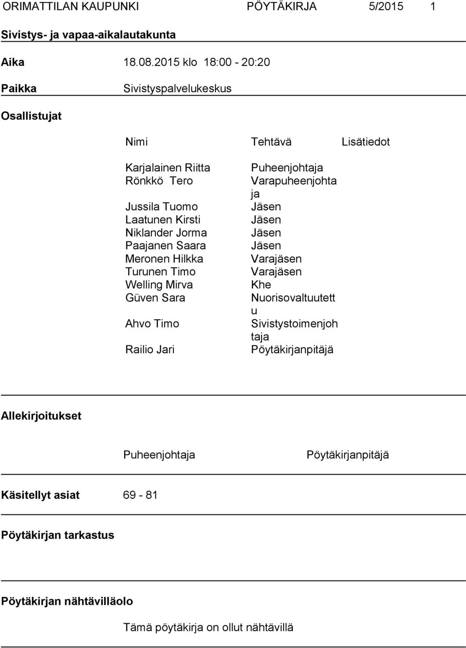 Jorma Paajanen Saara Meronen Hilkka Turunen Timo Welling Mirva Güven Sara Ahvo Timo Railio Jari Puheenjohtaja Varapuheenjohta ja Jäsen Jäsen Jäsen Jäsen