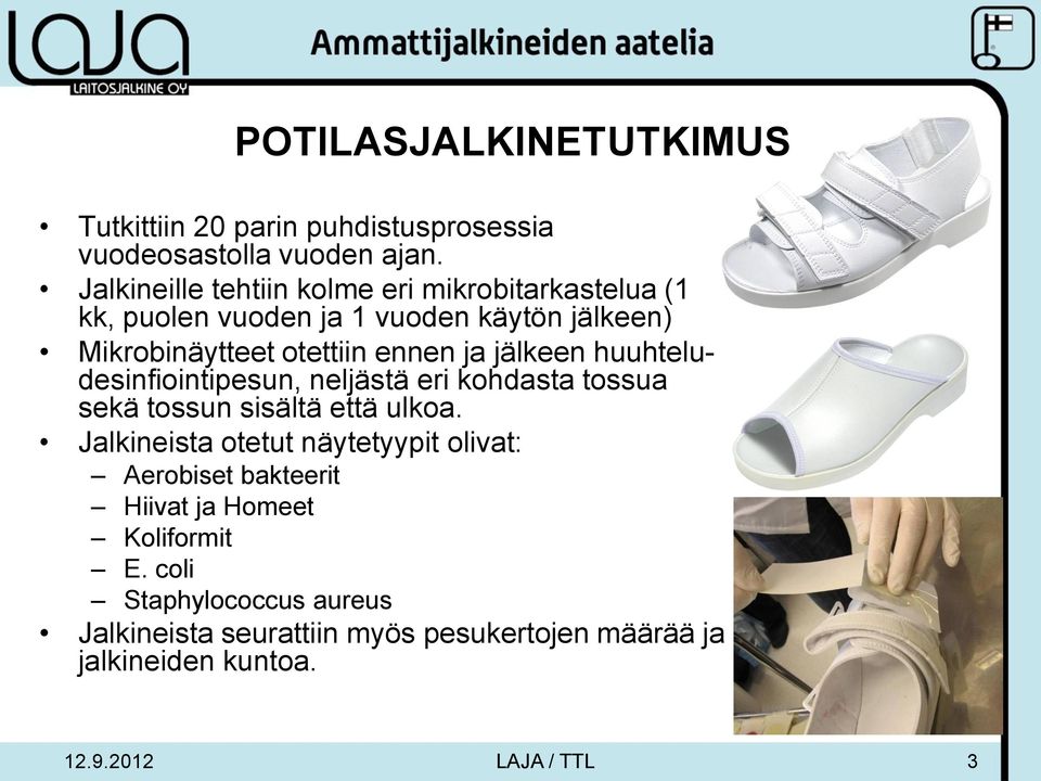 jälkeen huuhteludesinfiointipesun, neljästä eri kohdasta tossua sekä tossun sisältä että ulkoa.