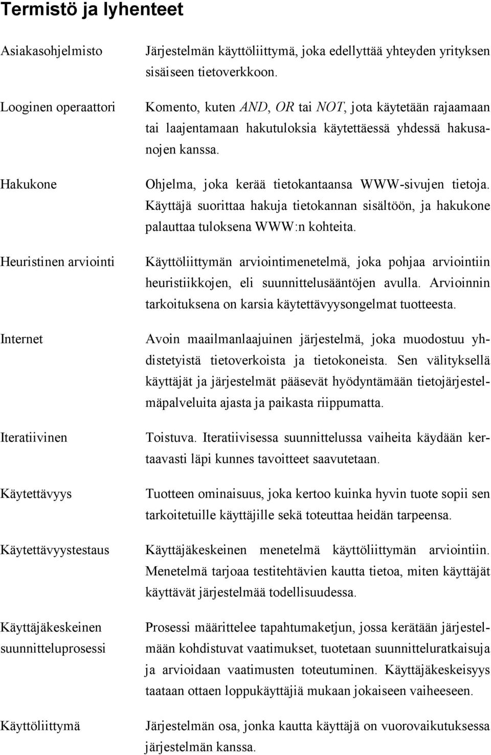 Komento, kuten AND, OR tai NOT, jota käytetään rajaamaan tai laajentamaan hakutuloksia käytettäessä yhdessä hakusanojen kanssa. Ohjelma, joka kerää tietokantaansa WWW-sivujen tietoja.