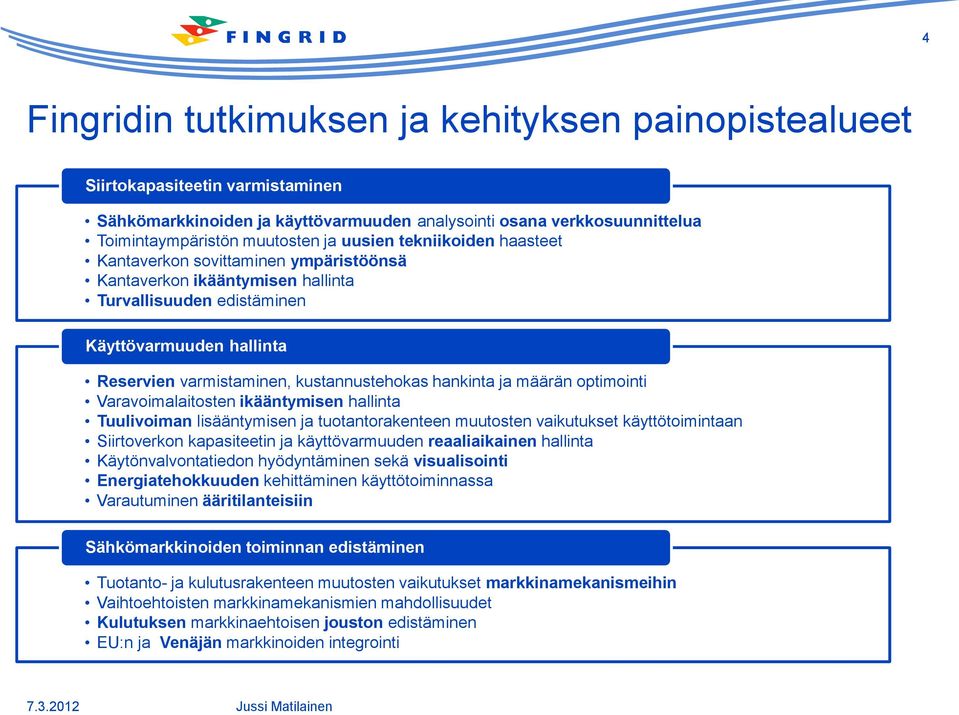 hankinta ja määrän optimointi Varavoimalaitosten ikääntymisen hallinta Tuulivoiman lisääntymisen ja tuotantorakenteen muutosten vaikutukset käyttötoimintaan Siirtoverkon kapasiteetin ja