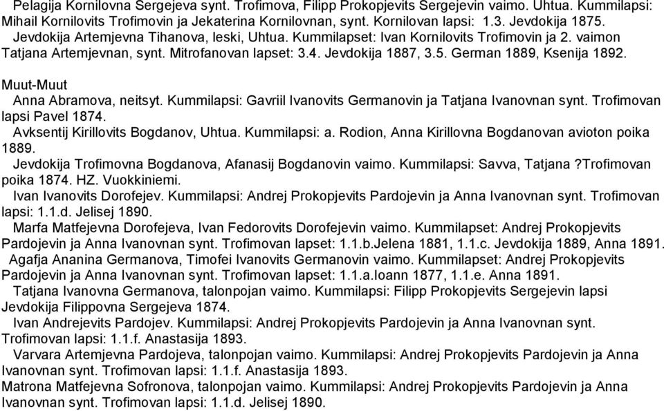 Muut-Muut Anna Abramova, neitsyt. Kummilapsi: Gavriil Ivanovits Germanovin ja Tatjana Ivanovnan synt. Trofimovan lapsi Pavel 1874. Avksentij Kirillovits Bogdanov, Uhtua. Kummilapsi: a.