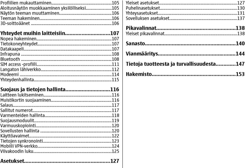 ..115 Yleiset asetukset...127 Puhelinasetukset...130 Yhteysasetukset...131 Sovelluksen asetukset...137 Pikavalinnat...138 Yleiset pikavalinnat...138 Sanasto...140 Vianmääritys.