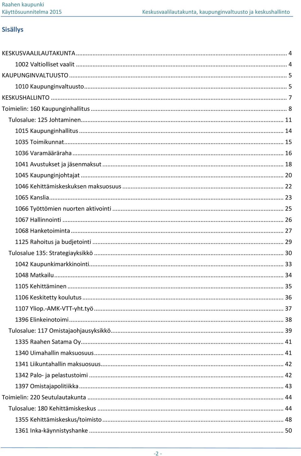 .. 20 1046 Kehittämiskeskuksen maksuosuus... 22 1065 Kanslia... 23 1066 Työttömien nuorten aktivointi... 25 1067 Hallinnointi... 26 1068 Hanketoiminta... 27 1125 Rahoitus ja budjetointi.