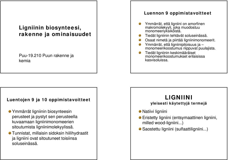 monomeerikoostumukset erilaisissa kasvisoluissa Luentojen 9 ja 10 oppimistavoitteet Ymmärrät ligniinin biosynteesin perusteet ja pystyt sen perusteella kuvaamaan ligniinimonomeerien sitoutumista