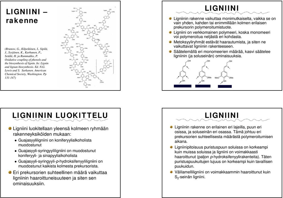 polymeroitumistuote Ligniini on verkkomainen polymeeri, koska monomeeri voi polymeroitua neljästä eri kohdasta Metoksyyliryhmät estävät haarautumista, ja siten ne vaikuttavat ligniinin rakenteeseen