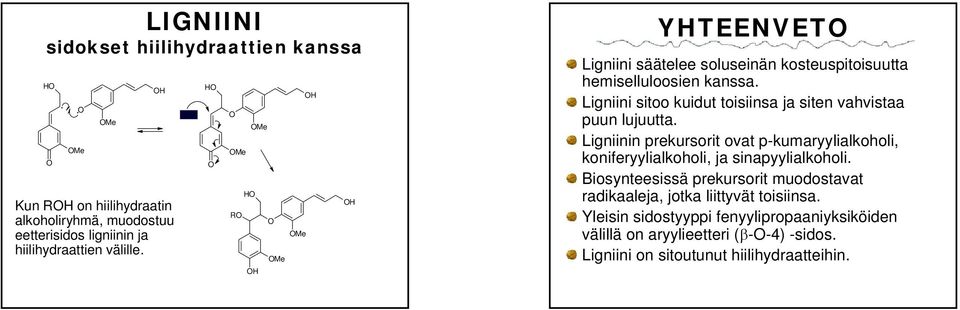 lujuutta Ligniinin prekursorit ovat p-kumaryylialkoholi, koniferyylialkoholi, ja sinapyylialkoholi Biosynteesissä prekursorit muodostavat