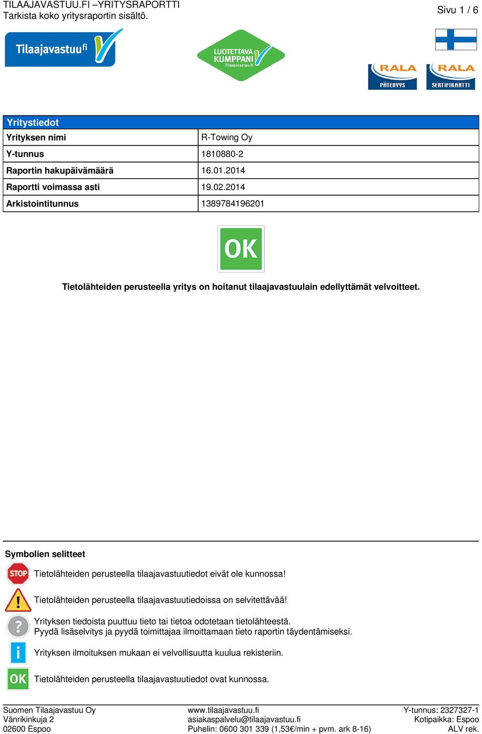 Symbolien selitteet Tietolähteiden perusteella tilaajavastuutiedot eivät ole kunnossa! Tietolähteiden perusteella tilaajavastuutiedoissa on selvitettävää!