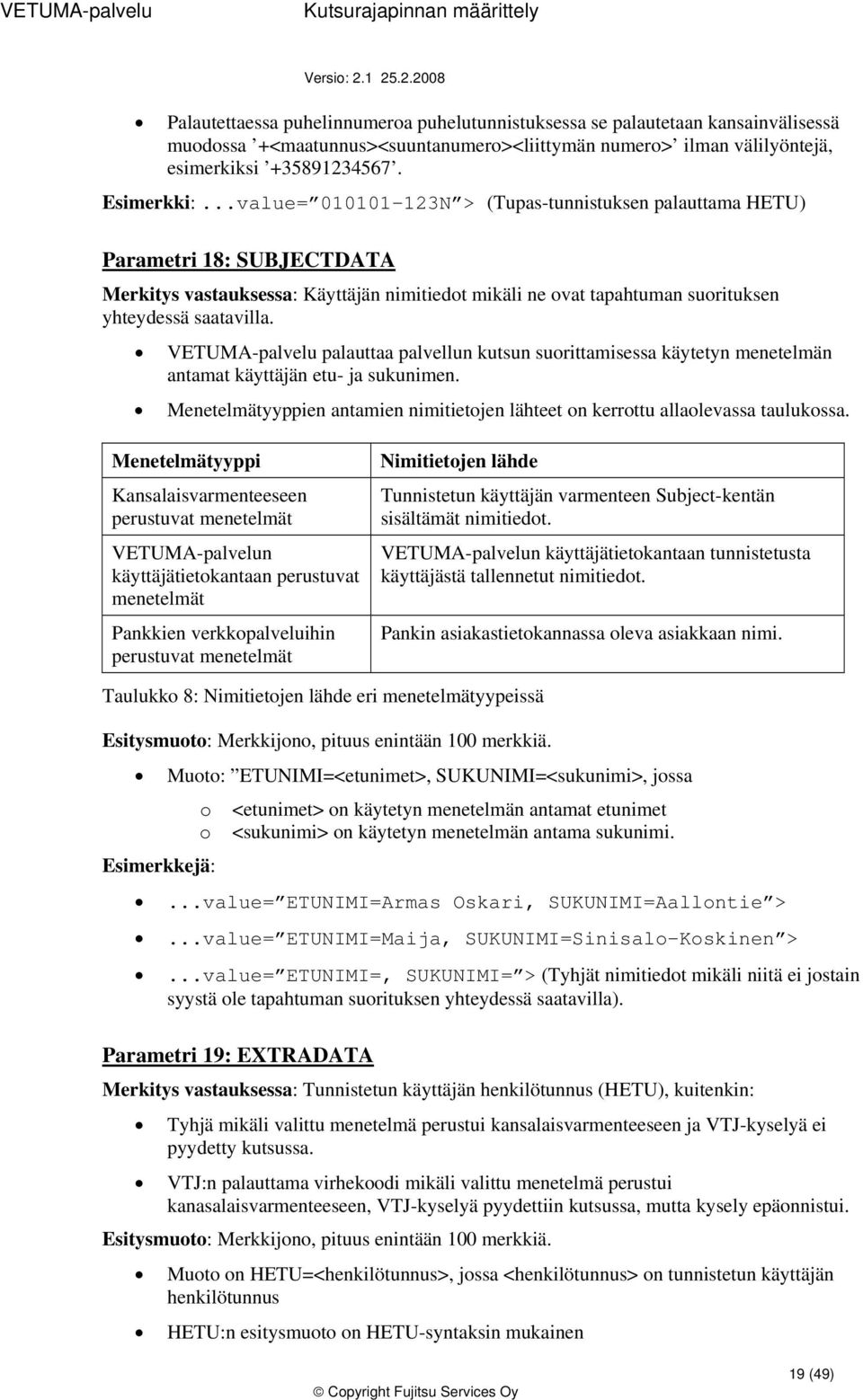 VETUMA-palvelu palauttaa palvellun kutsun surittamisessa käytetyn menetelmän antamat käyttäjän etu- ja sukunimen. Menetelmätyyppien antamien nimitietjen lähteet n kerrttu allalevassa taulukssa.