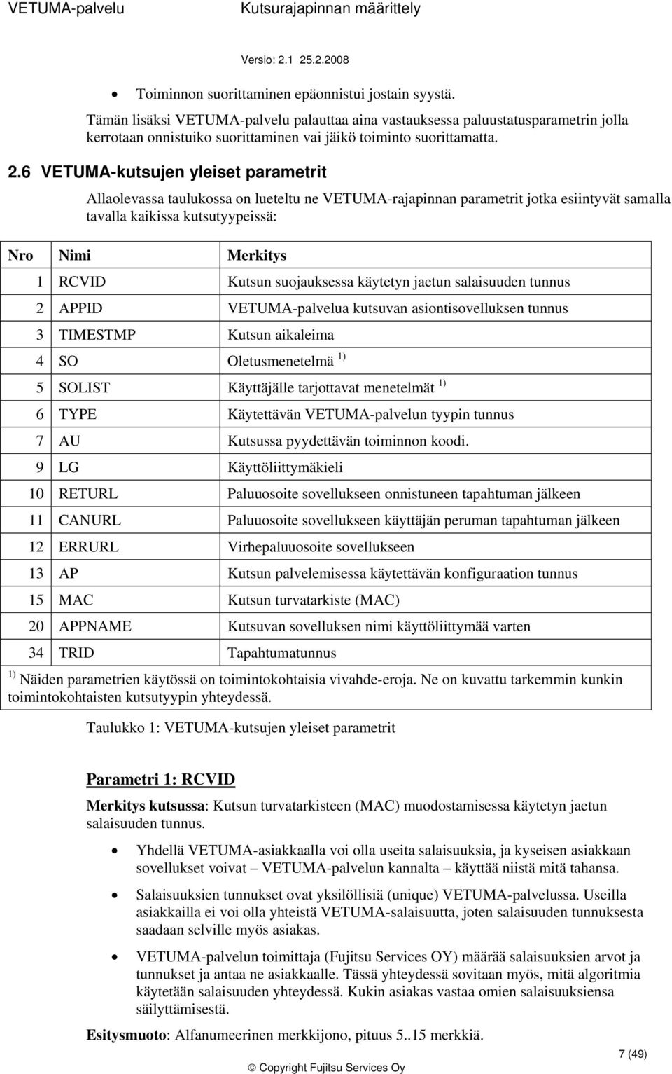 sujauksessa käytetyn jaetun salaisuuden tunnus 2 APPID VETUMA-palvelua kutsuvan asintisvelluksen tunnus 3 TIMESTMP Kutsun aikaleima 4 SO Oletusmenetelmä 1) 5 SOLIST Käyttäjälle tarjttavat menetelmät