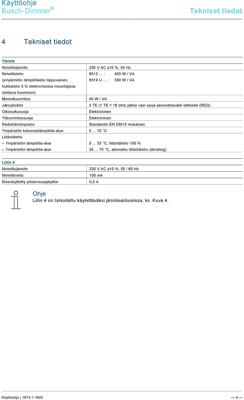 9\mod_1268898668093_0.docx @ 184562 @ @ 1 Busch-Dimmer Tekniset tiedot Pos : 14 / #Neustr uktur#/online-dokumentati on (+KN )/Übersc hriften (--> Für all e D okumente <--)/1.