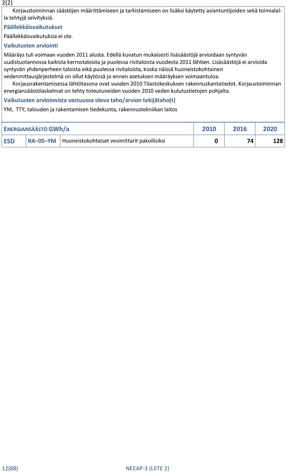 Edellä kuvatun mukaisesti lisäsäästöjä arvioidaan syntyvän uudistuotannossa kaikista kerrostaloista ja puolessa rivitaloista vuodesta 2011 lähtien.