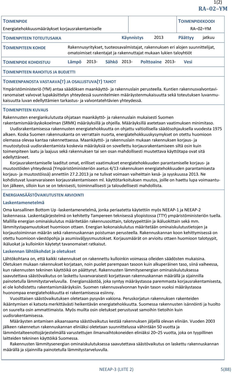 TOIMENPITEEN RAHOITUS JA BUDJETTI TOIMEENPANOSTA VASTAAVA(T) JA OSALLISTUVA(T) TAHOT Ympäristöministeriö (YM) antaa säädöksen maankäyttö- ja rakennuslain perusteella.