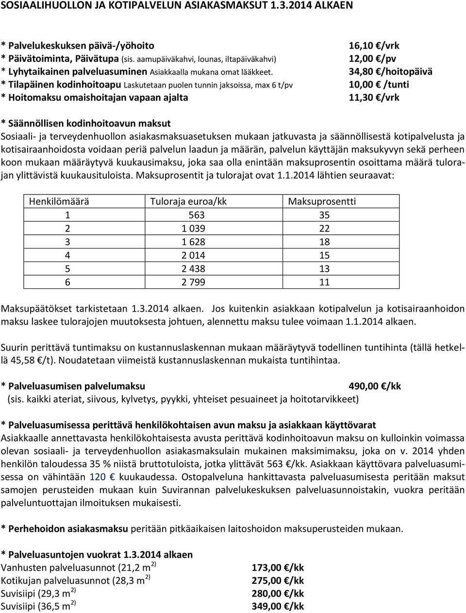 34,80 /hoitopäivä * Tilapäinen kodinhoitoapu Laskutetaan puolen tunnin jaksoissa, max 6 t/pv 10,00 /tunti * Hoitomaksu omaishoitajan vapaan ajalta 11,30 /vrk * Säännöllisen kodinhoitoavun maksut