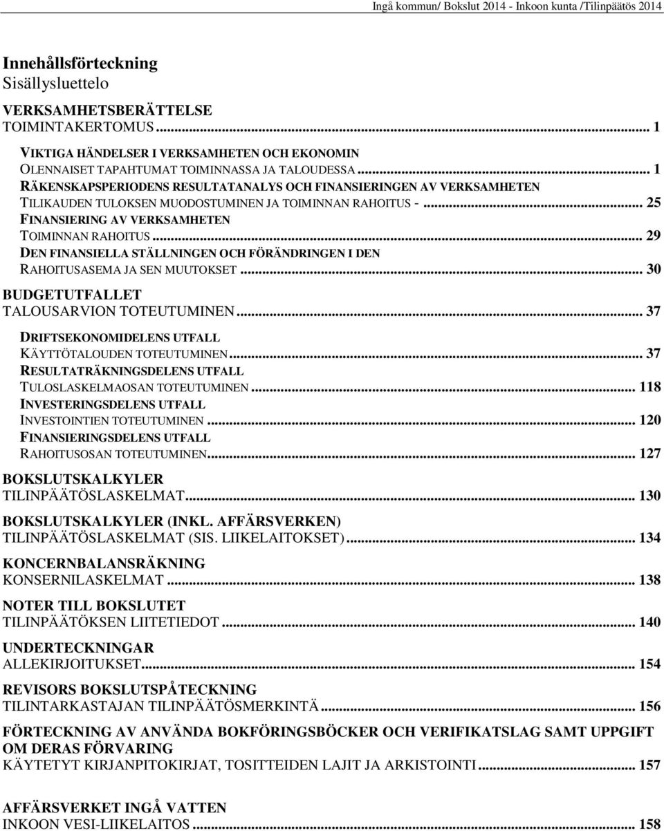 .. 29 DEN FINANSIELLA STÄLLNINGEN OCH FÖRÄNDRINGEN I DEN RAHOITUSASEMA JA SEN MUUTOKSET... 30 BUDGETUTFALLET TALOUSARVION TOTEUTUMINEN... 37 DRIFTSEKONOMIDELENS UTFALL KÄYTTÖTALOUDEN TOTEUTUMINEN.