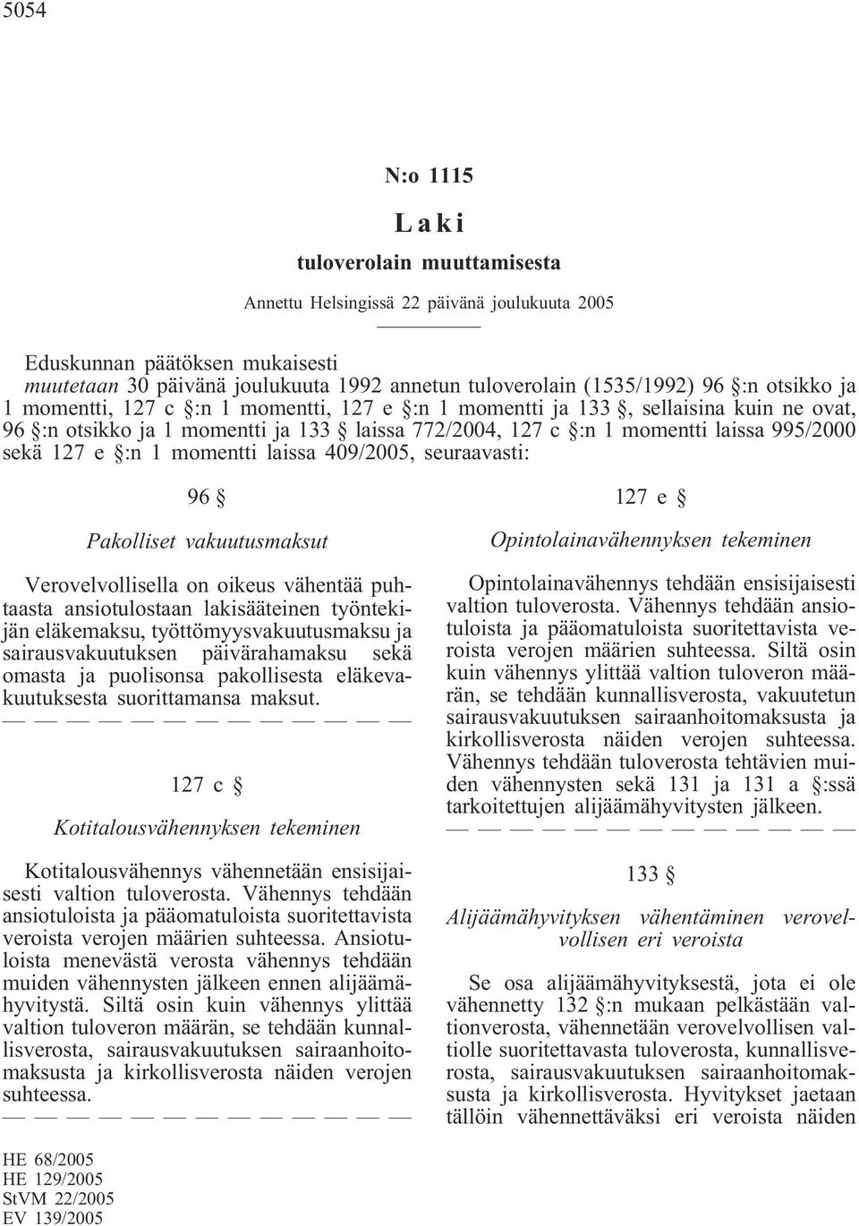 :n 1 momentti laissa 409/2005, seuraavasti: 96 Pakolliset vakuutusmaksut Verovelvollisella on oikeus vähentää puhtaasta ansiotulostaan lakisääteinen työntekijän eläkemaksu, työttömyysvakuutusmaksu ja