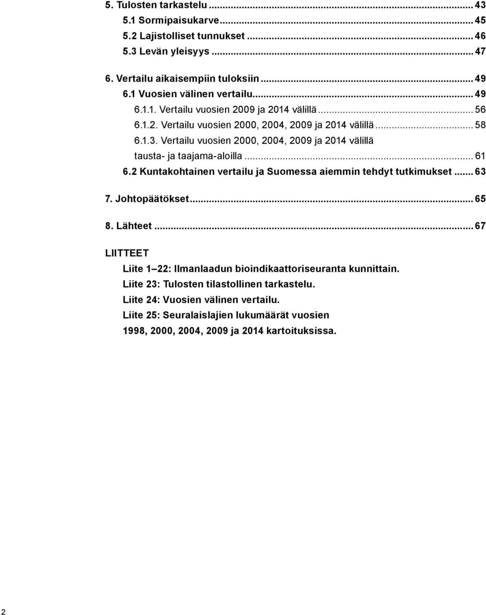 Vertailu vuosien 2000, 2004, 2009 ja 2014 välillä tausta- ja taajama-aloilla... 61 6.2 Kuntakohtainen vertailu ja Suomessa aiemmin tehdyt tutkimukset... 63 7. Johtopäätökset... 65 8.