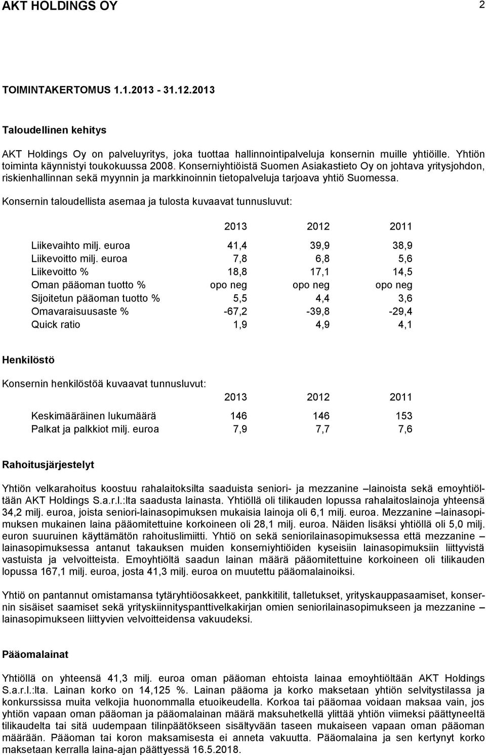 Konsernin taloudellista asemaa ja tulosta kuvaavat tunnusluvut: 2013 2012 2011 Liikevaihto milj. euroa 41,4 39,9 38,9 Liikevoitto milj.