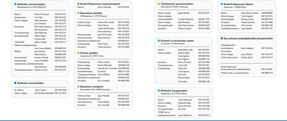 Britt-Marie Karlsson 044 725 0115 Päivi Kaustinen 044 725 0118 Terveydenhoitaja Ulla Myllymäki 044 725 0141 Asuntolanhoitaja Hilkka Viitala 044 725 0142 Kristiina Salo 044 725 0127 Tukihenkilö Jaakko