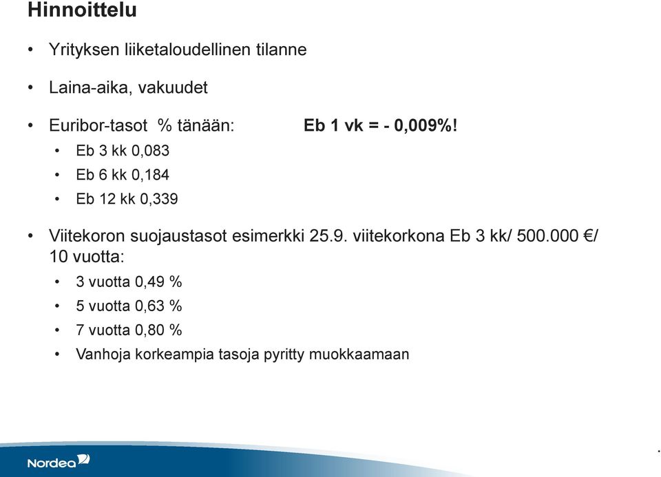 Eb 3 kk 0,083 Eb 6 kk 0,184 Eb 12 kk 0,339 Viitekoron suojaustasot esimerkki 25.9. viitekorkona Eb 3 kk/ 500.