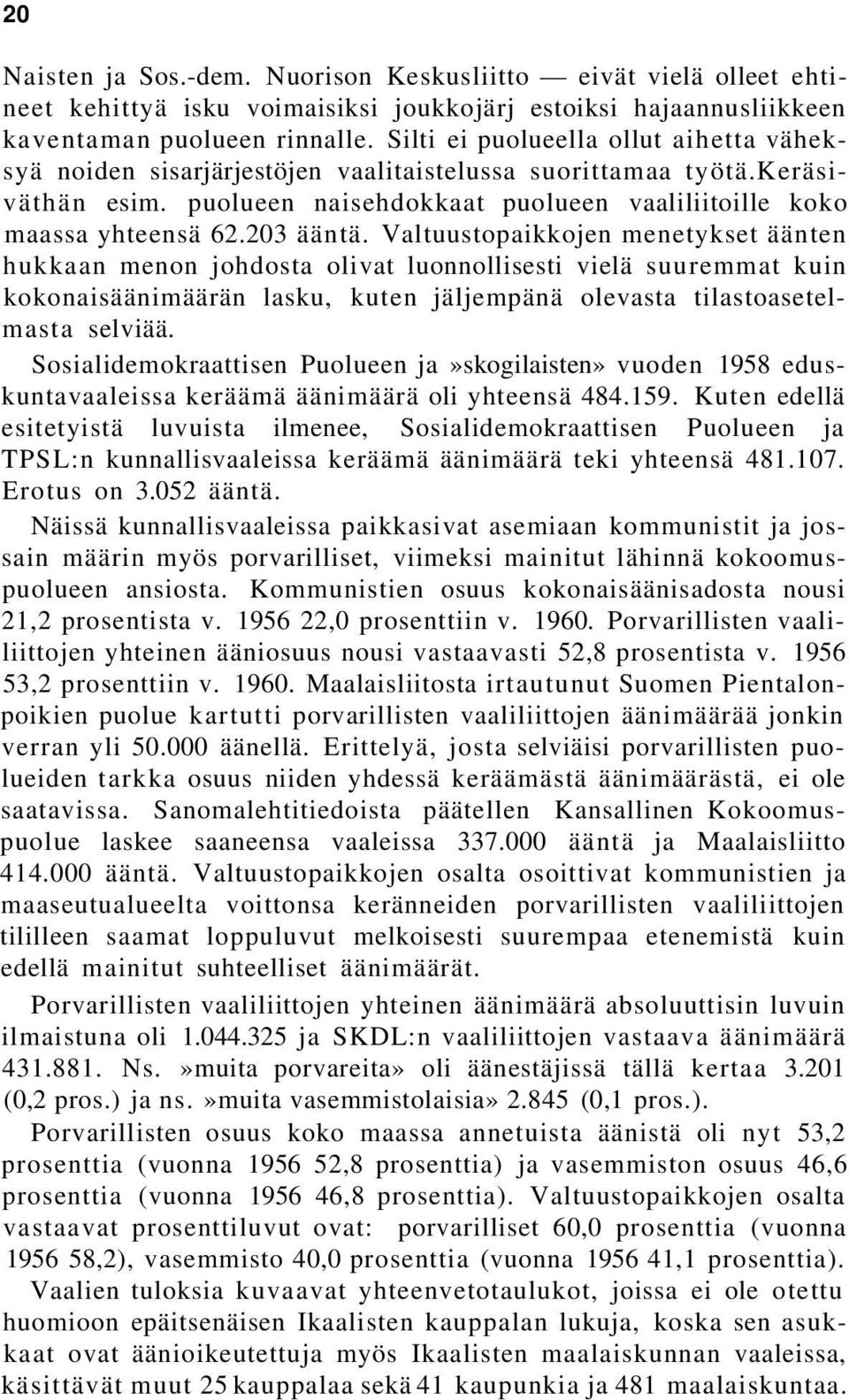 203 ääntä. Valtuustopaikkojen menetykset äänten hukkaan menon johdosta olivat luonnollisesti vielä suuremmat kuin kokonaisäänimäärän lasku, kuten jäljempänä olevasta tilastoasetelmasta selviää.