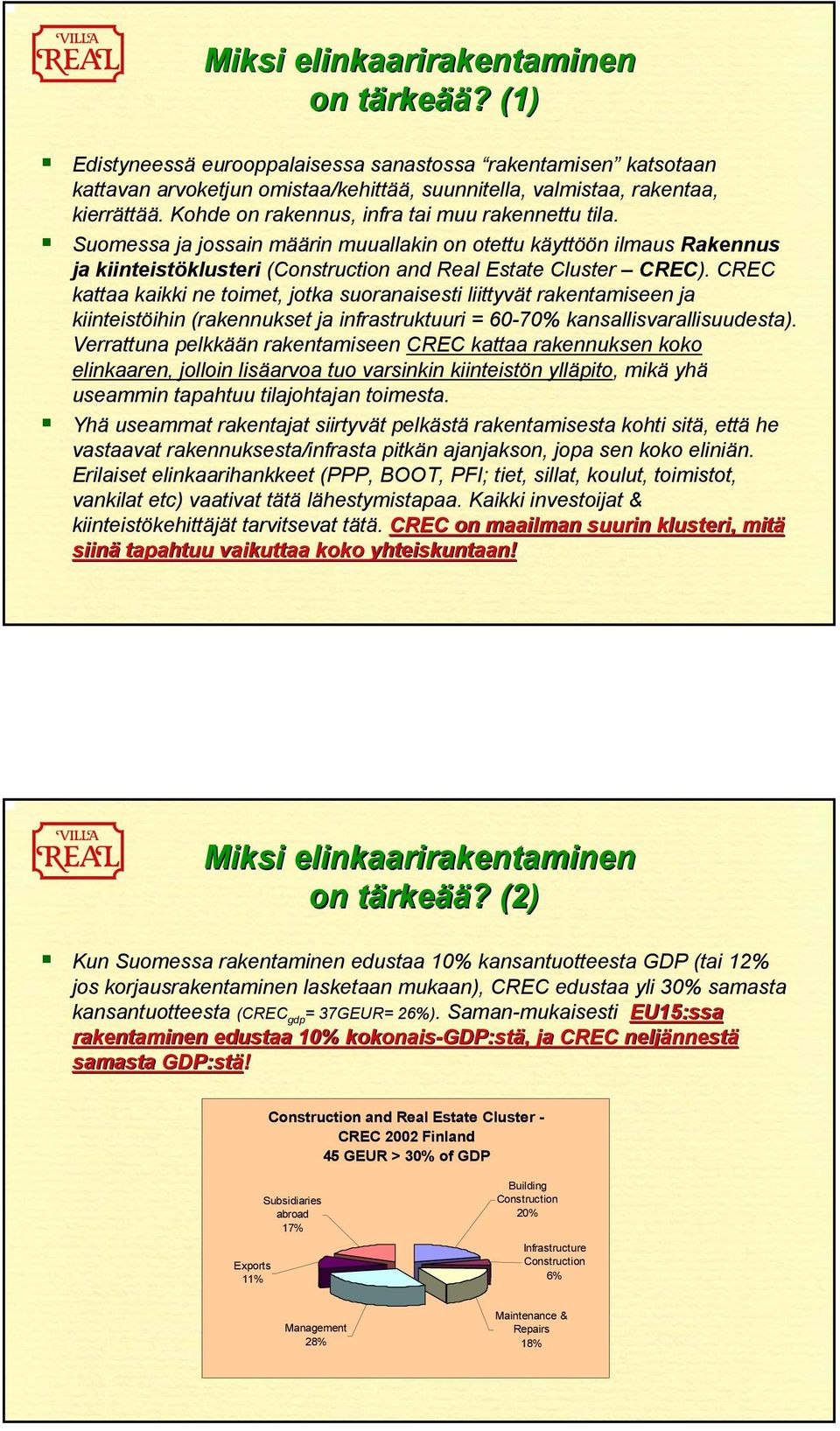 CREC kattaa kaikki ne toimet, jotka suoranaisesti liittyvät rakentamiseen ja kiinteistöihin (rakennukset ja infrastruktuuri = 60-70% kansallisvarallisuudesta).