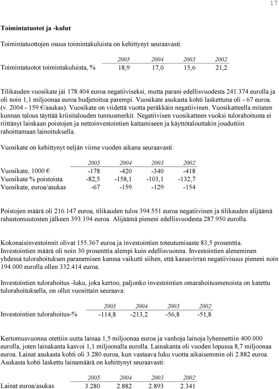 Vuosikate on viidettä vuotta peräkkäin negatiivinen. Vuosikatteella mitaten kunnan talous täyttää kriisitalouden tunnusmerkit.