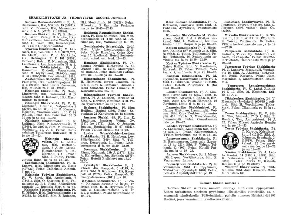8 A 8 (20371/207 ko 444323). Siht. P. J. Markkola' Hki, Helsingink. 21 D 101 (6254i toimeen.) Rah.h. E. Nurminen, Hki Lauttasaari, Lauttasaarentie 31 A 8: Suomen Tehtäväniekai. Pj. J. H.annelius, Mikkeli, Varuskunta.