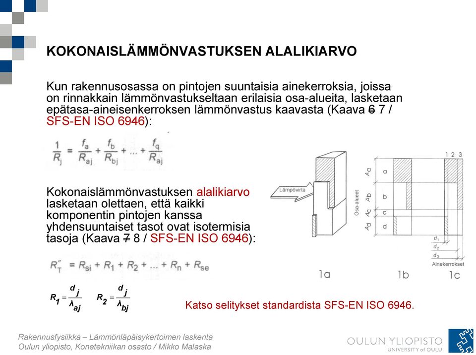 ISO 6946): Kokonaislämmönvastuksen alalikiarvo lasketaan olettaen, että kaikki komponentin pintojen kanssa yhdensuuntaiset