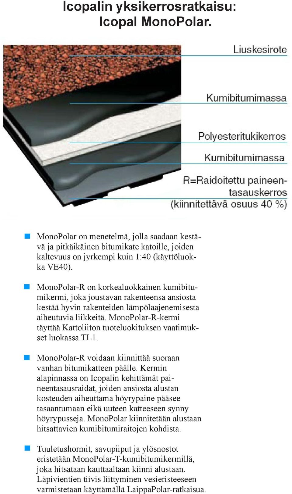 MonoPolar-R-kermi täyttää Kattoliiton tuoteluokituksen vaatimukset luokassa TL1. MonoPolar-R voidaan kiinnittää suoraan vanhan bitumikatteen päälle.