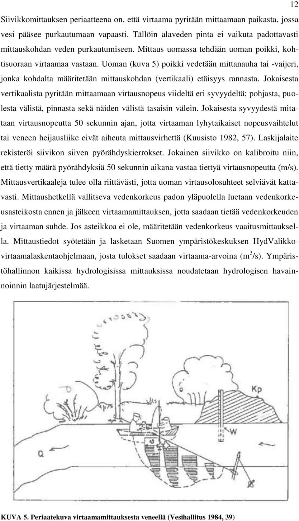 Uoman (kuva 5) poikki vedetään mittanauha tai -vaijeri, jonka kohdalta määritetään mittauskohdan (vertikaali) etäisyys rannasta.