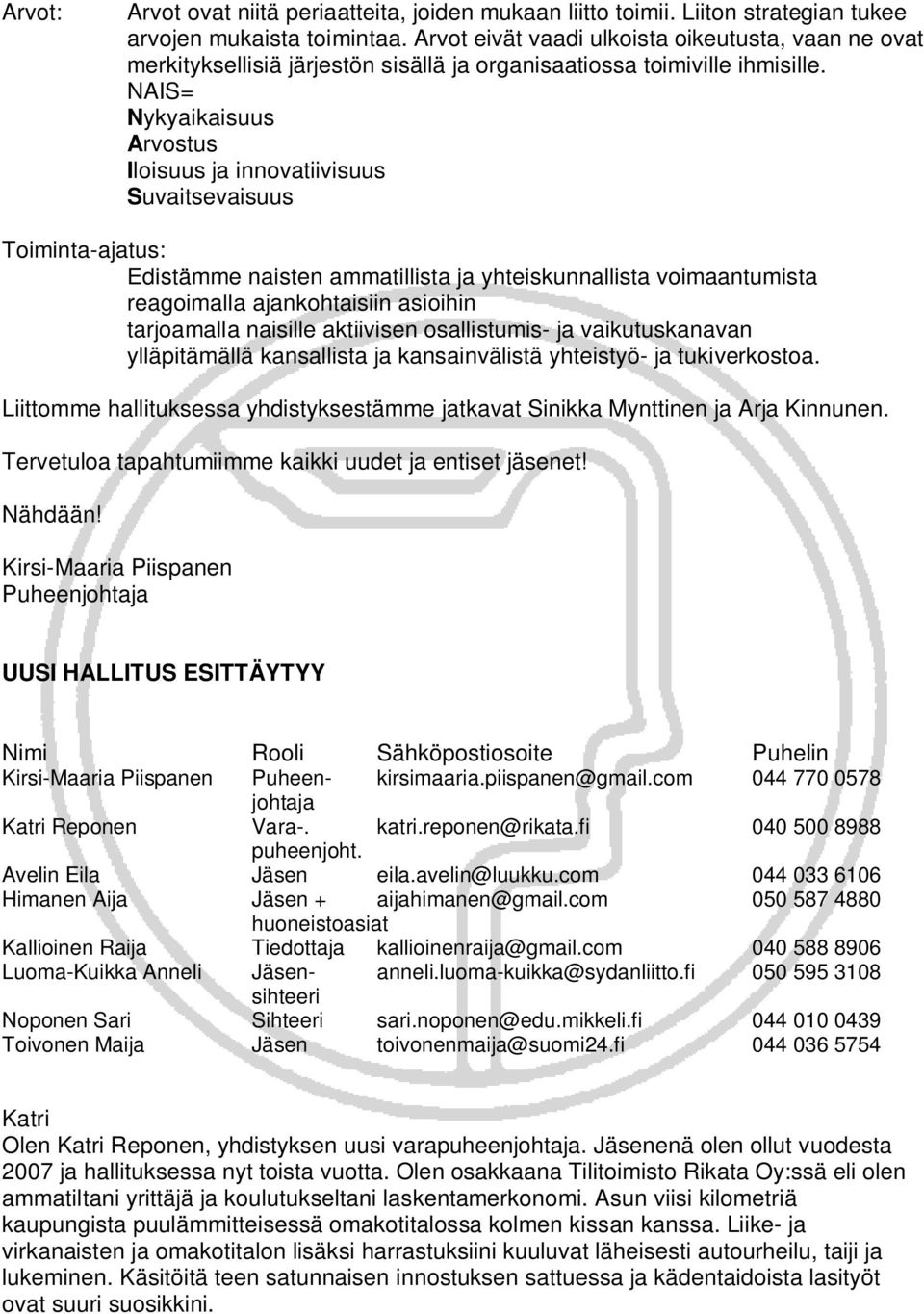 NAIS= Nykyaikaisuus Arvostus Iloisuus ja innovatiivisuus Suvaitsevaisuus Toiminta-ajatus: Edistämme naisten ammatillista ja yhteiskunnallista voimaantumista reagoimalla ajankohtaisiin asioihin