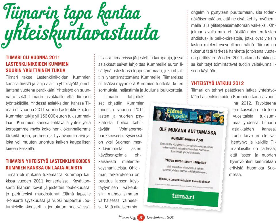 Yhdessä asiakkaiden kanssa Tiimari oli vuonna 2011 suurin Lastenklinikoiden Kummien tukija yli 156 000 euron tukisummallaan.