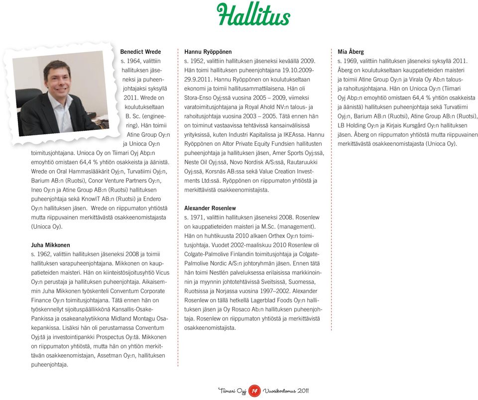 Wrede on Oral Hammaslääkärit Oyj:n, Turvatiimi Oyj:n, Barium AB:n (Ruotsi), Conor Venture Partners Oy:n, Ineo Oy:n ja Atine Group AB:n (Ruotsi) hallituksen puheenjohtaja sekä KnowIT AB:n (Ruotsi) ja