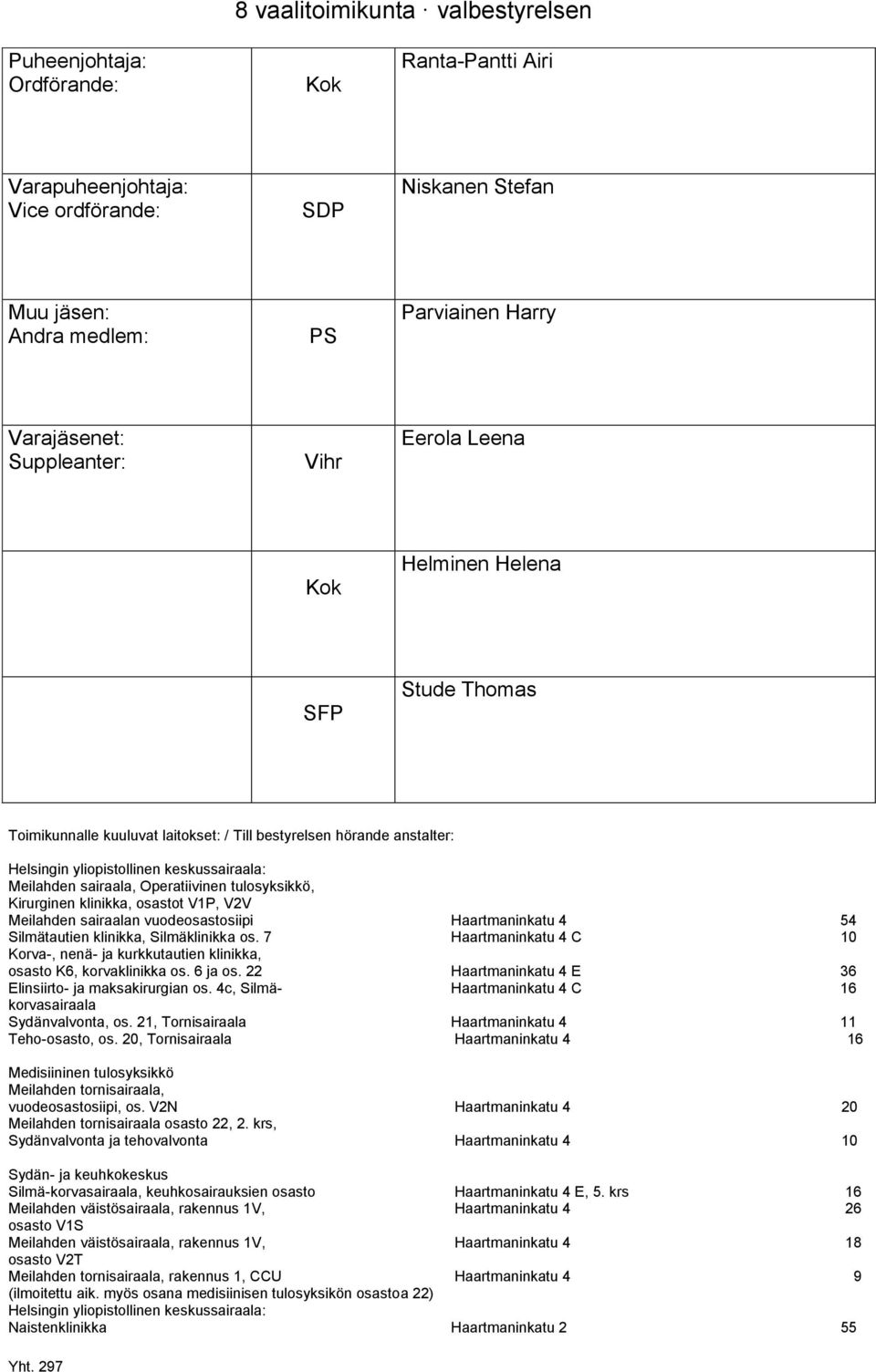 7 Haartmaninkatu 4 C 10 Korva-, nenä- ja kurkkutautien klinikka, osasto K6, korvaklinikka os. 6 ja os. 22 Haartmaninkatu 4 E 36 Elinsiirto- ja maksakirurgian os.
