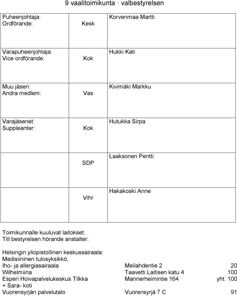 tulosyksikkö, Iho- ja allergiasairaala Meilahdentie 2 20 Wilhelmiina Taavetti Laitisen katu 4 100