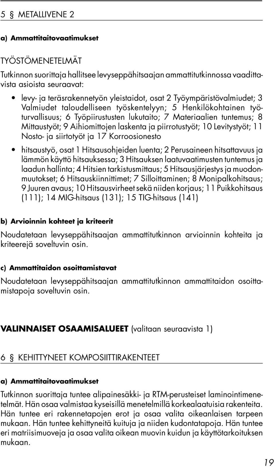 piirrotustyöt; 10 Levitystyöt; 11 Nosto- ja siirtotyöt ja 17 Korroosionesto hitsaustyö, osat 1 Hitsausohjeiden luenta; 2 Perusaineen hitsattavuus ja lämmön käyttö hitsauksessa; 3 Hitsauksen