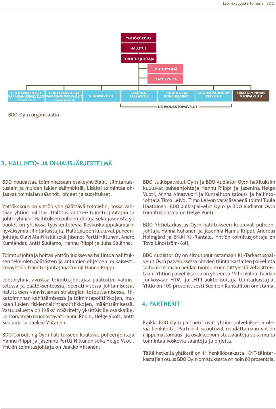 Hallituksen puheenjohtaja sekä jäsenistä yli puolet on yhtiössä työskenteleviä Keskuskauppakamarin hyväksymiä tilintarkastajia.