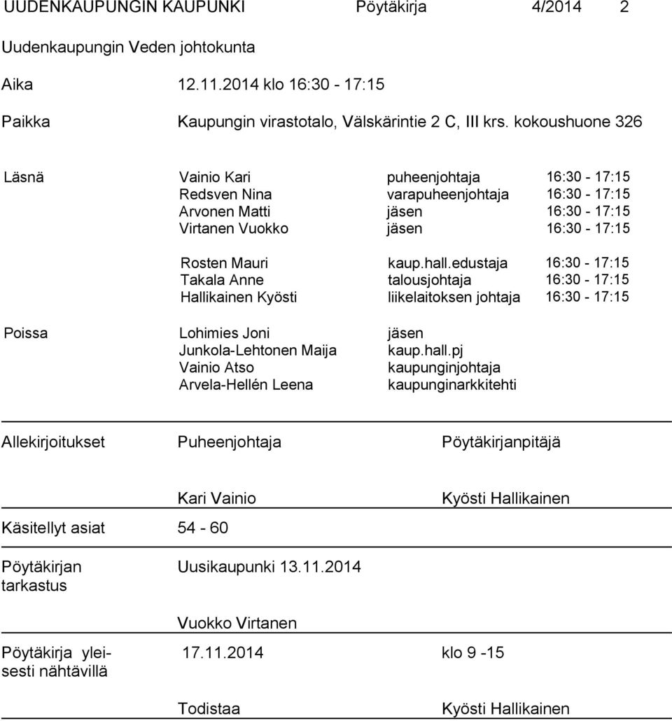 edustaja 16:30-17:15 Takala Anne talousjohtaja 16:30-17:15 Hallikainen Kyösti liikelaitoksen johtaja 16:30-17:15 Poissa Lohimies Joni jäsen Junkola-Lehtonen Maija kaup.hall.